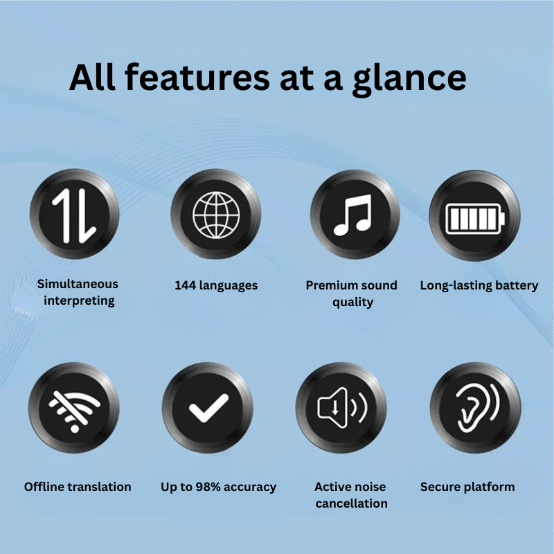 Black wireless earbuds with charging case on a light background, featuring text about their features and user reviews.