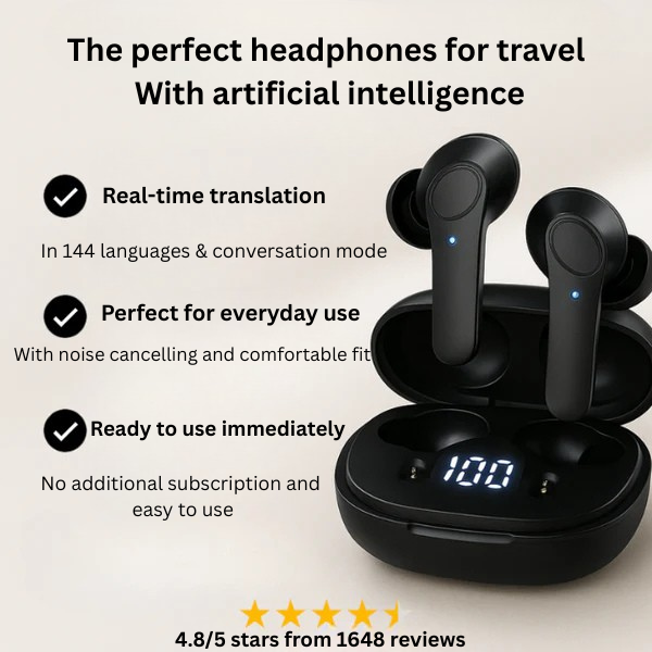 Black wireless earbuds with charging case on a light background, featuring text about their features and user reviews.