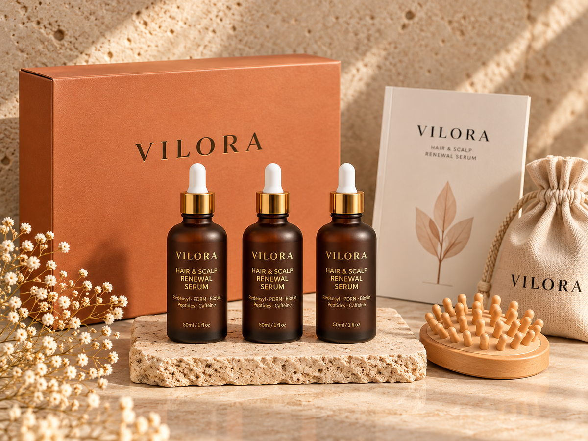 90-Day Ritual flat-lay — 3 bottles, gift, guide, packaging